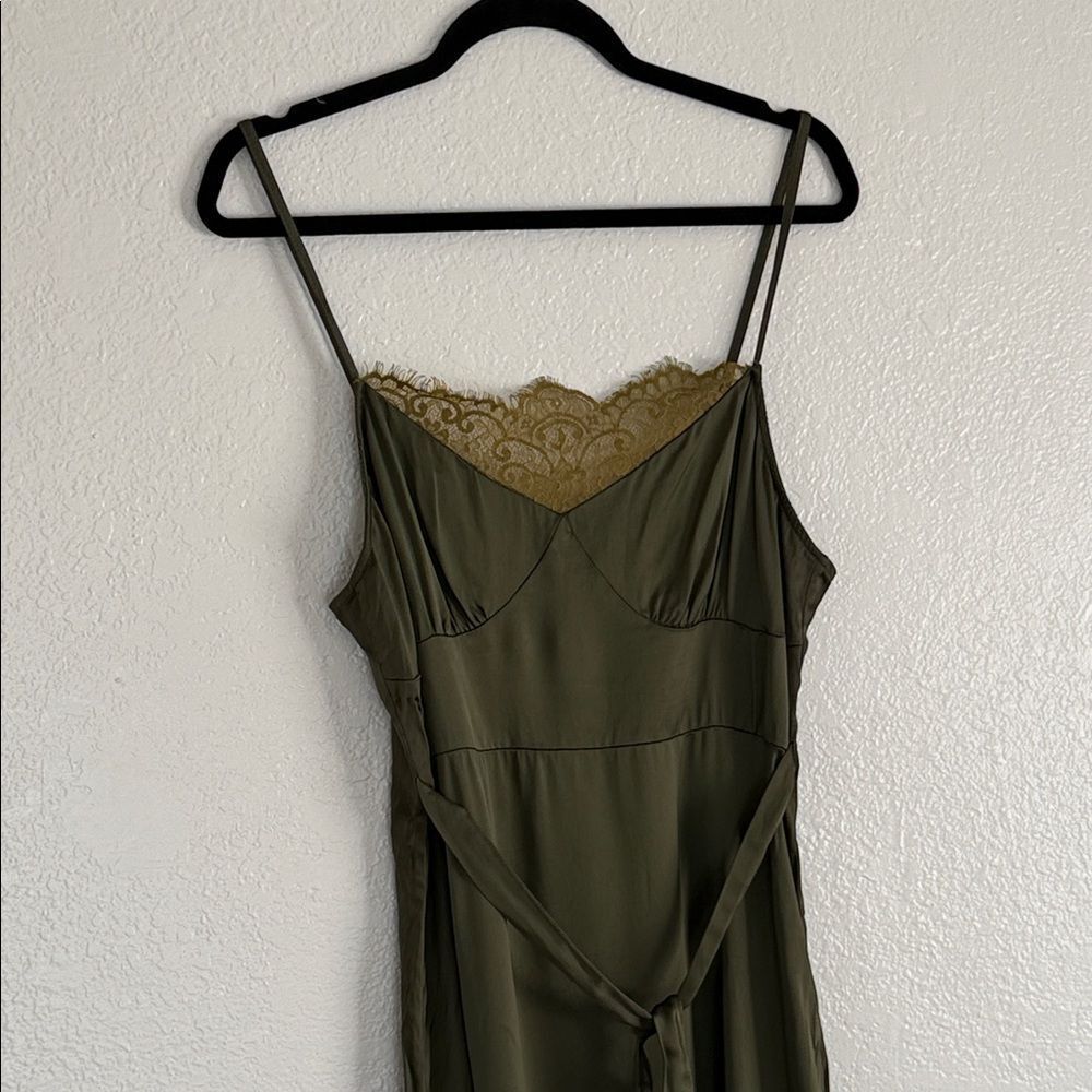 Vintage Olive Green Lace Trim Slip Y2K 90s holiday party Dress - Picture 3 of 10